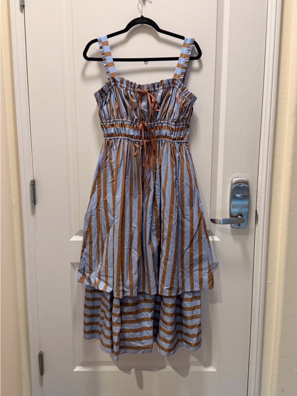 Arose Studio Seraphina Blue & Brown Striped Midi Dress Summer Size S NWOT - Picture 2 of 5